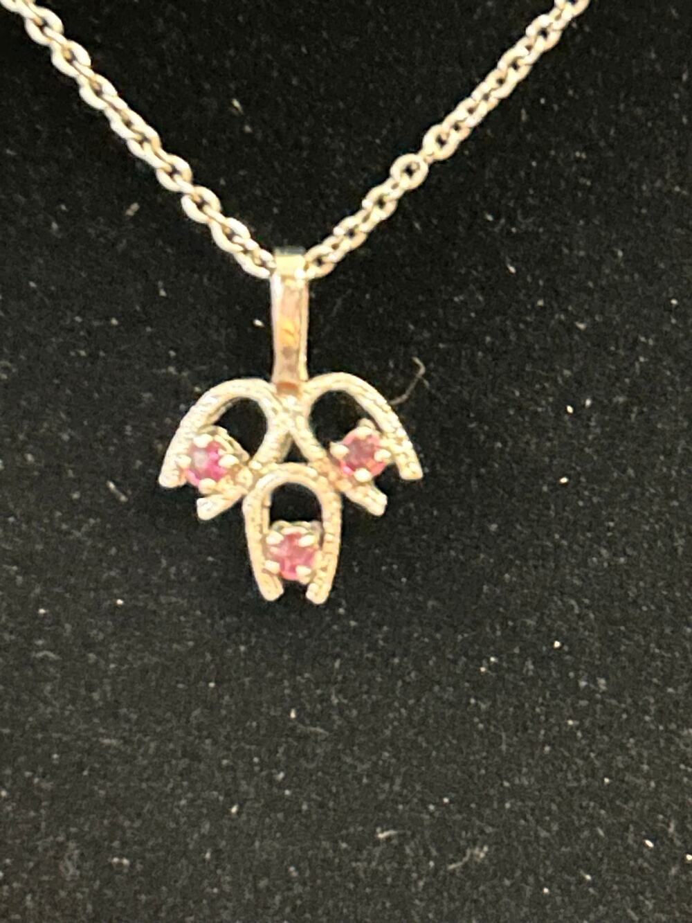 18" Triple Horseshoe Pendant Necklace Pink Stones